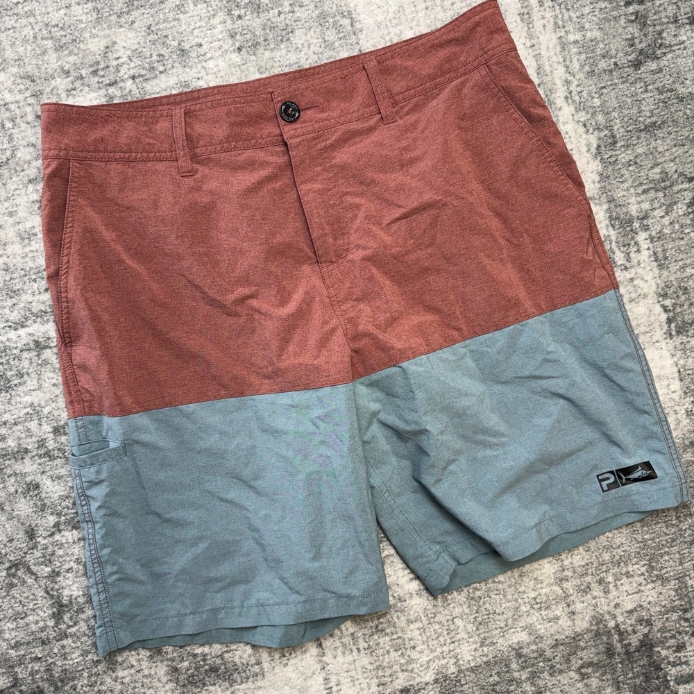 Pelagic Deep Sea Hybrid Shorts Mens 36 Red Blue Angler Fishing Swim Performance